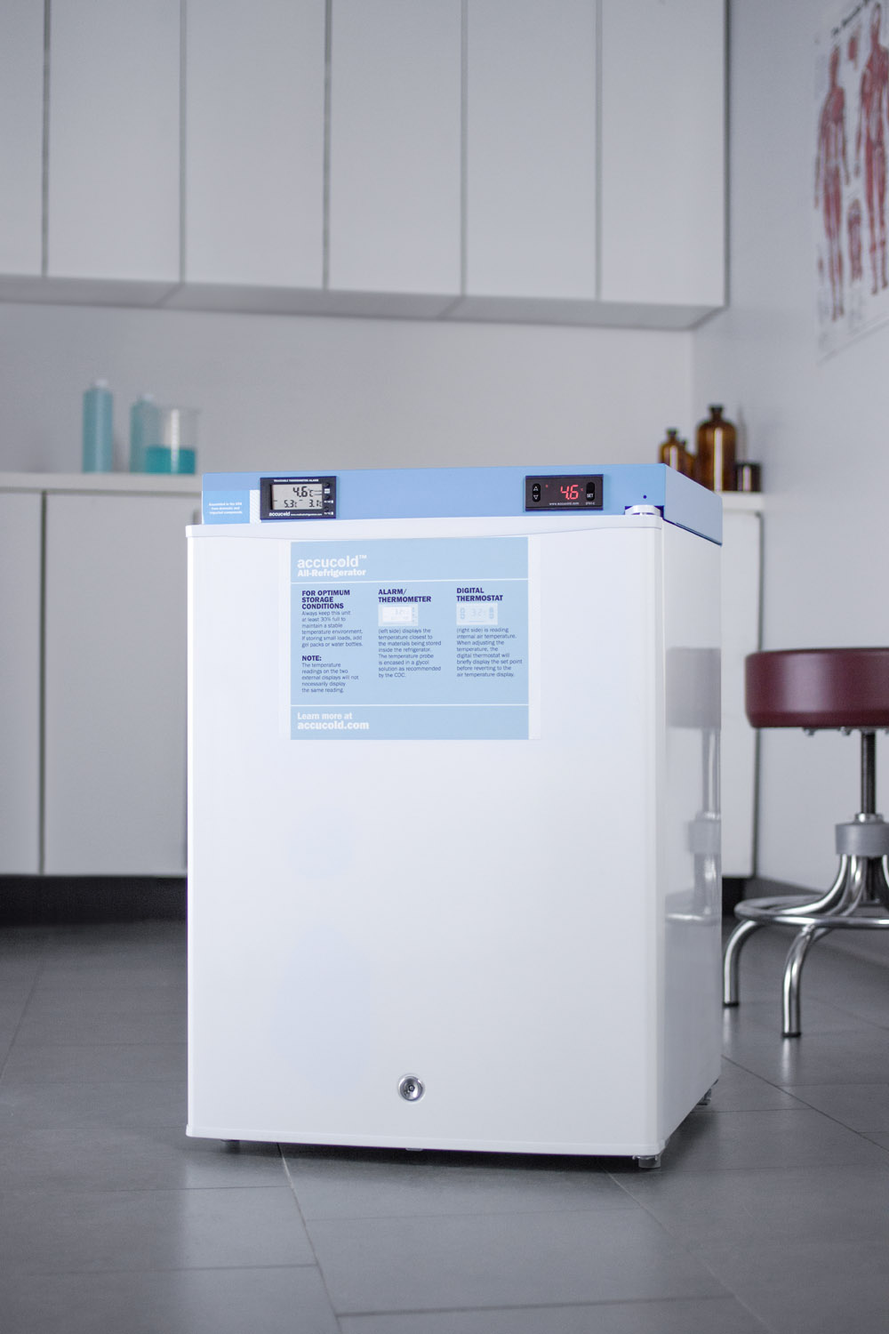 Compact auto defrost medical/scientific all-refrigerator with digital thermostat, NIST calibrated thermometer/alarm, front lock, hospital grade cord, and internal fan